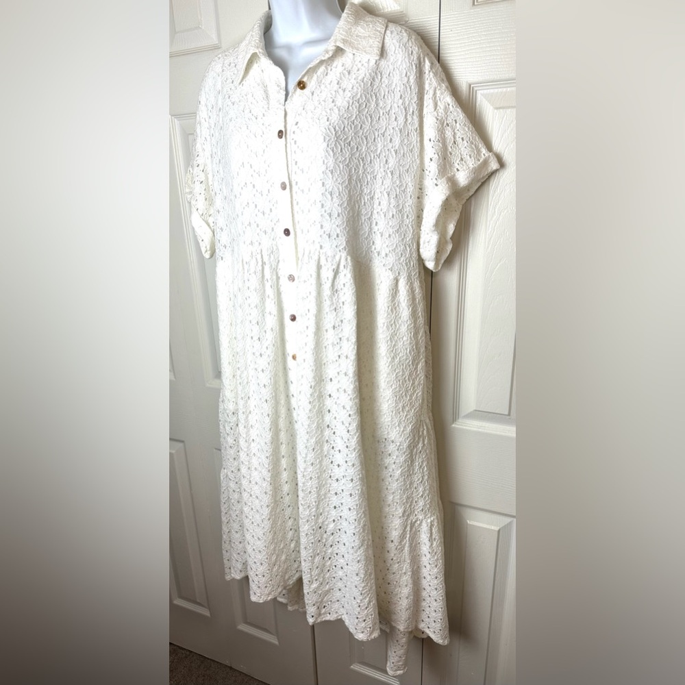 New OLI + HALI Camilla Midi Dress White Eyelet Boho Oversized Cotton Tiered Knit - Picture 5 of 12